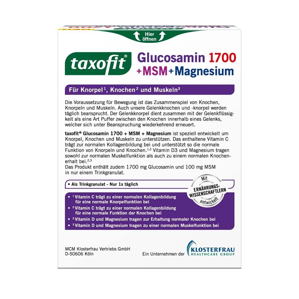 Dos de la boîte taxofit Glucosamine 1700. Texte sur les ingrédients et l'utilisation. Avec des nutritionnistes.
