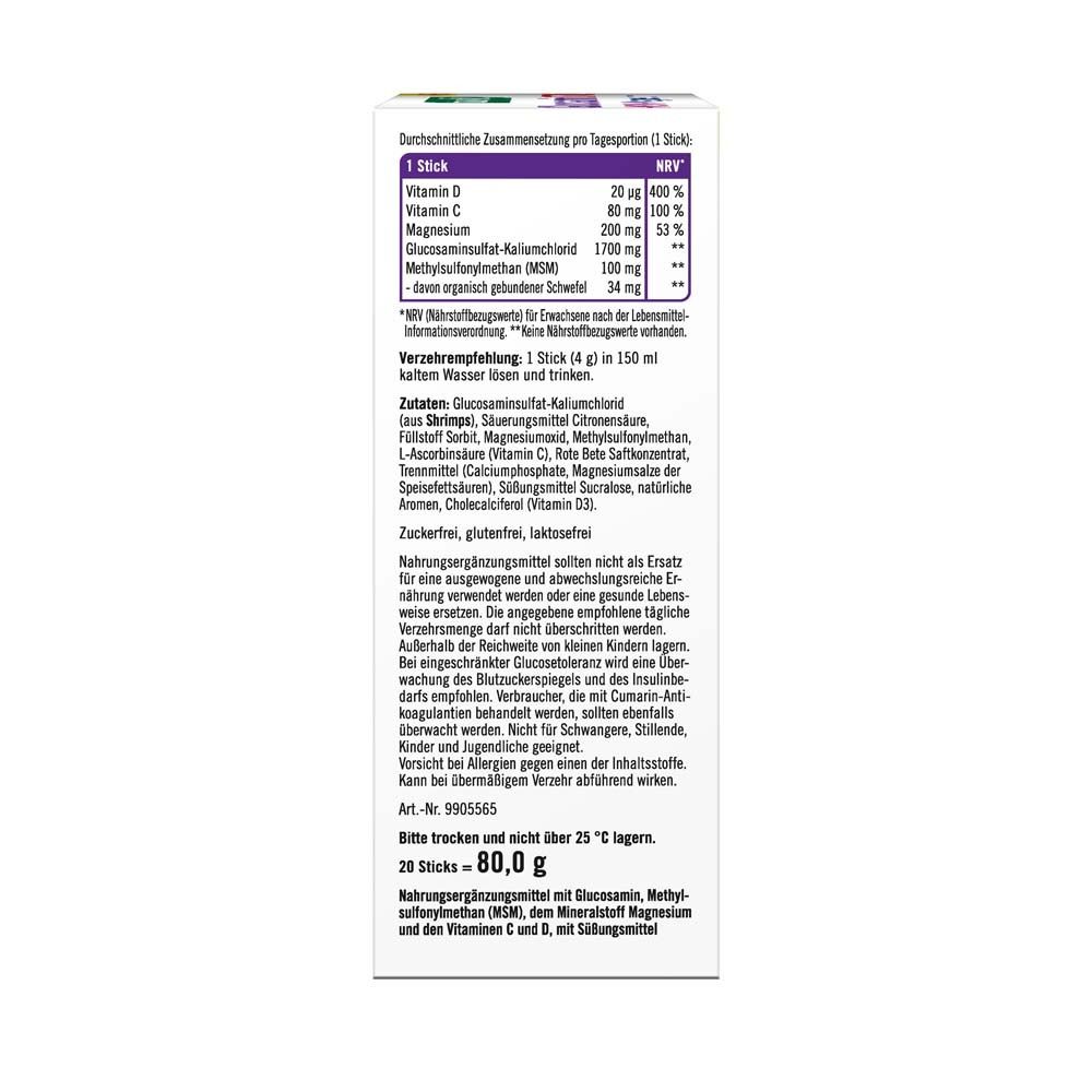 Côté de la boîte taxofit Glucosamine 1700. Liste des ingrédients et valeurs nutritionnelles par portion.