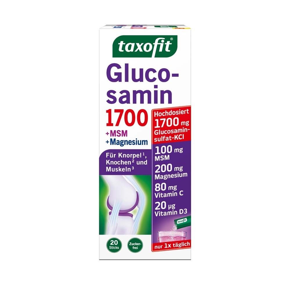 Boîte taxofit Glucosamine 1700. Contient 20 sticks. Inscription : +MSM+Magnésium, 1700 mg Glucosamine.