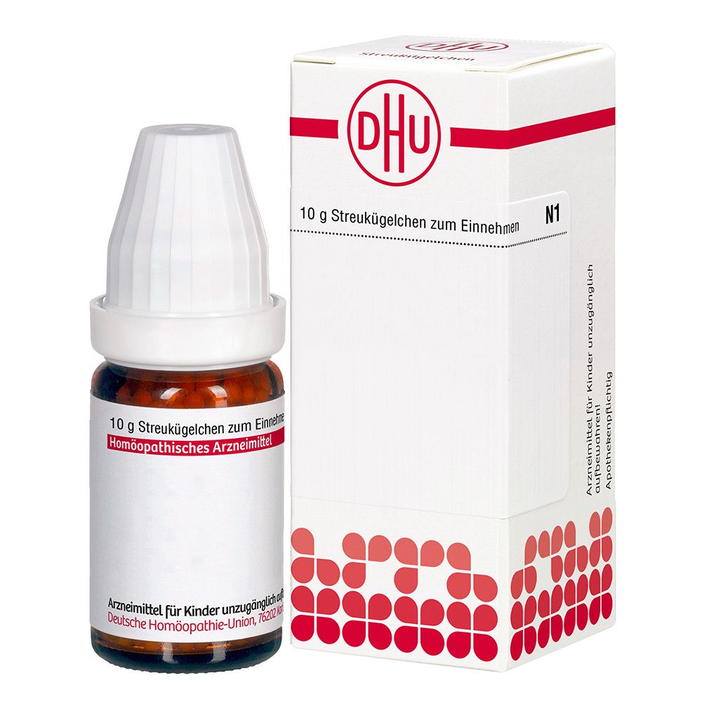 Flacon en verre brun avec bouchon blanc et emballage blanc. Inscription: DHU, 10 g Streukügelchen.