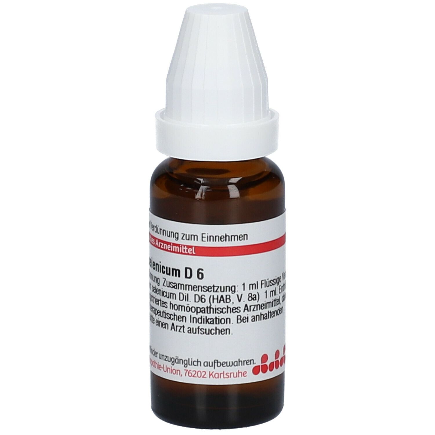 Braune Glasflasche mit weißem Deckel. Etikett mit Text: Natrium selenicum D6, 1 ml flüssige Verdünnung. Für Kinder unzugänglich aufbewahren.