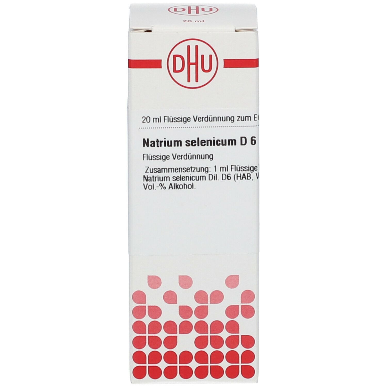 Weiße Verpackung mit rotem DHU-Logo. Text: Natrium selenicum D6, 20 ml flüssige Verdünnung. Apothekenpflichtig.