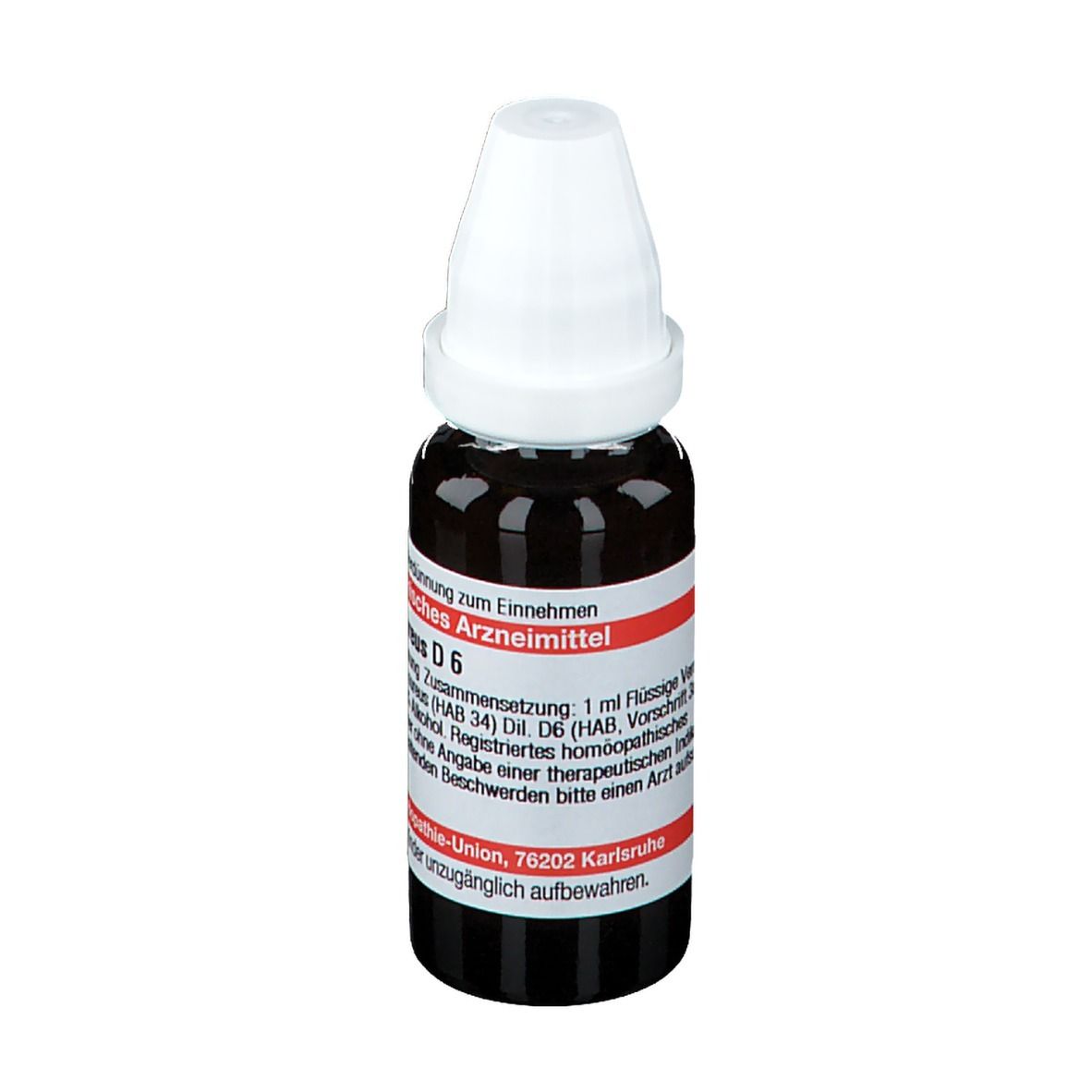 Flacon en verre brun avec bouchon blanc. Étiquette avec texte: Senecio aureus D6. Deutsche Homöopathie-Union.