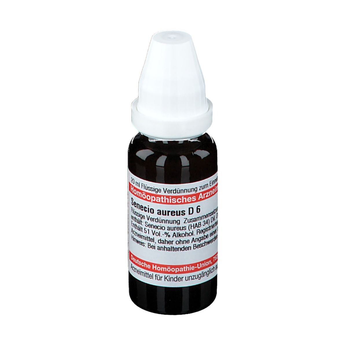 Flacon en verre brun avec bouchon blanc. Étiquette avec texte: Senecio aureus D6. Deutsche Homöopathie-Union.