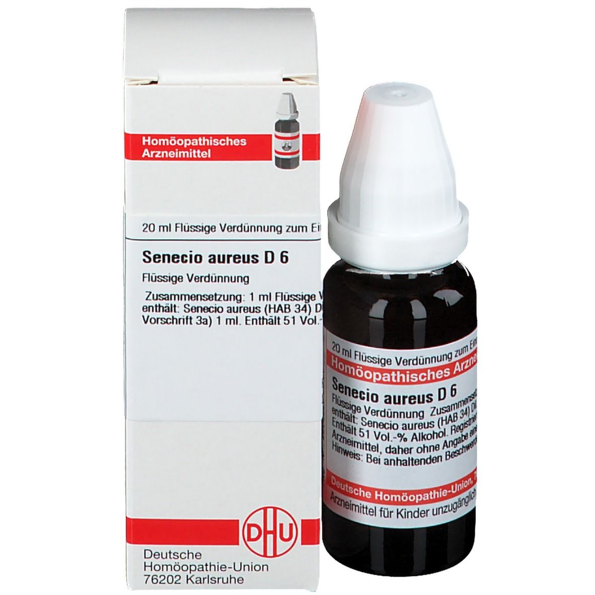 Flacon en verre brun avec bouchon blanc et emballage. Emballage avec texte: Senecio aureus D6. DHU.
