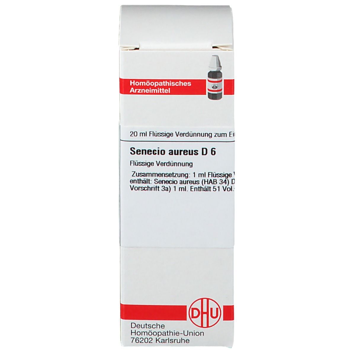 Emballage avec texte: Senecio aureus D6. DHU. Bouteille visible à l'intérieur.