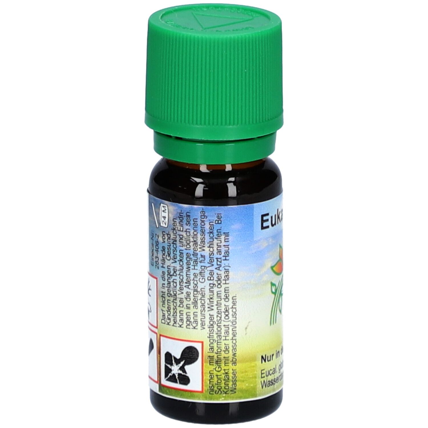 Flacon en verre brun avec bouchon vert. Dos avec avertissements et pictogrammes. Texte : Appeler immédiatement le centre antipoison.