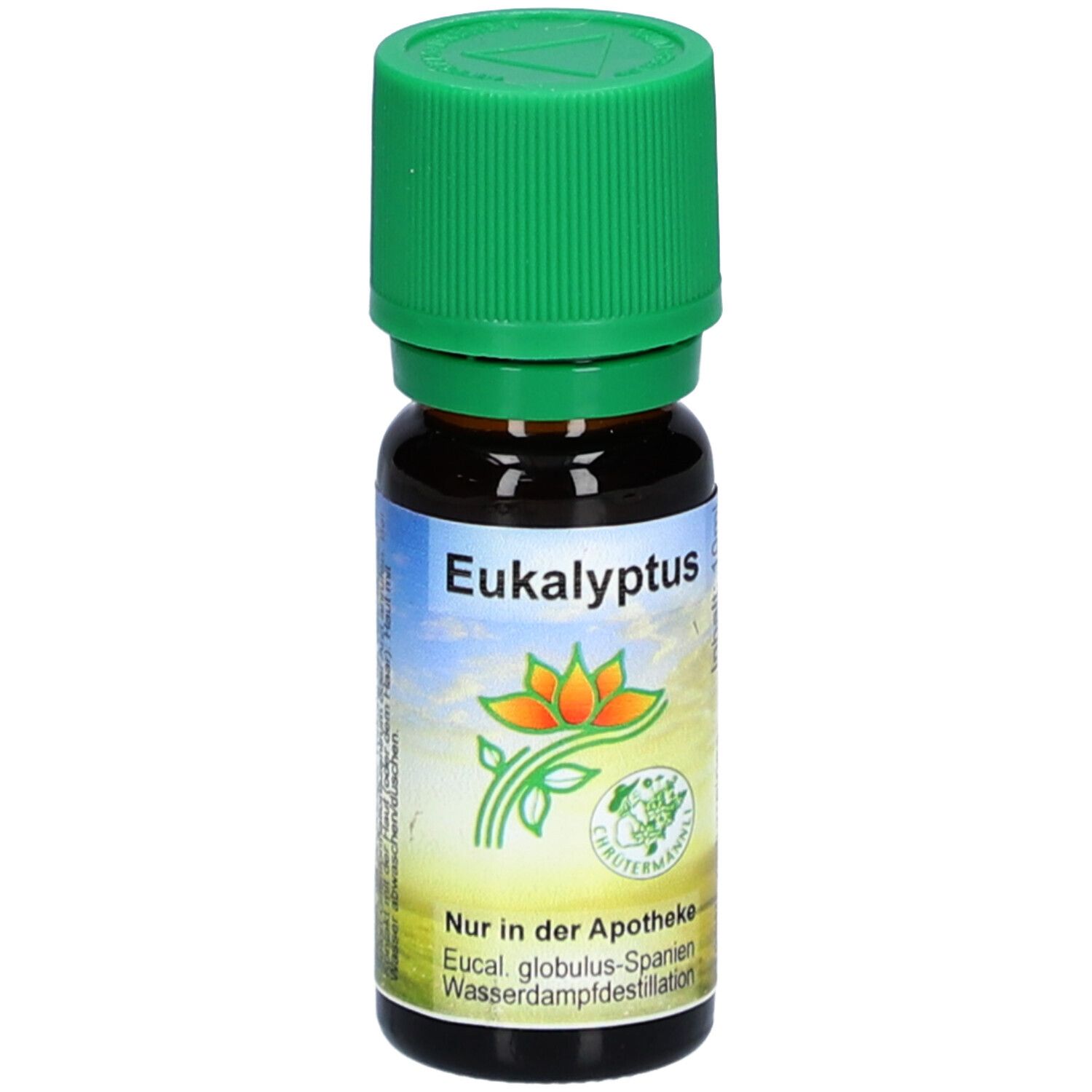 Flacon en verre brun avec bouchon vert. Inscription : Eukalyptus. Étiquette avec logo et texte. Disponible en pharmacie.