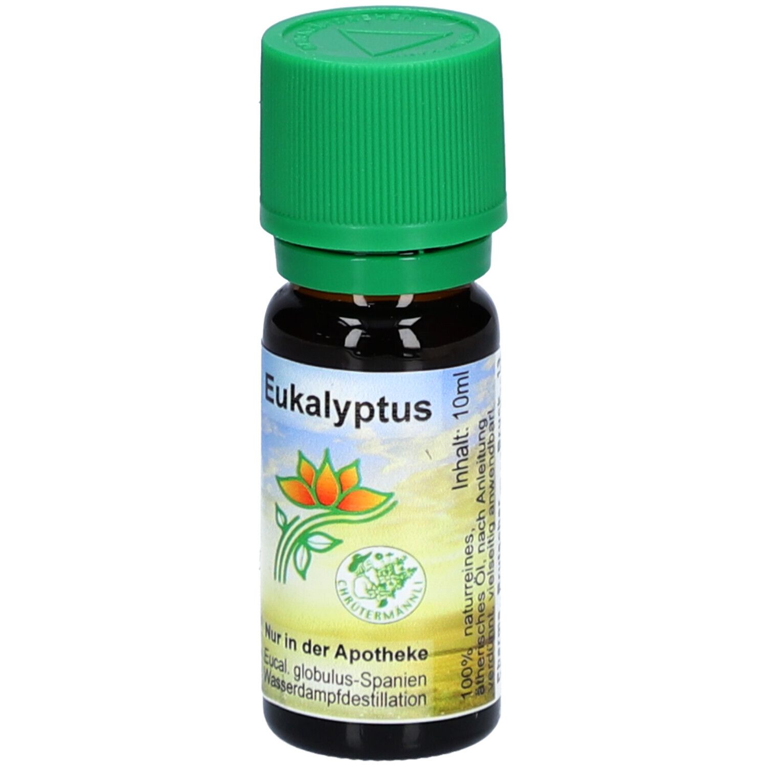 Flacon en verre brun avec bouchon vert. Inscription : Eukalyptus. Étiquette avec logo et texte. Contenu : 10 ml. Disponible en pharmacie.