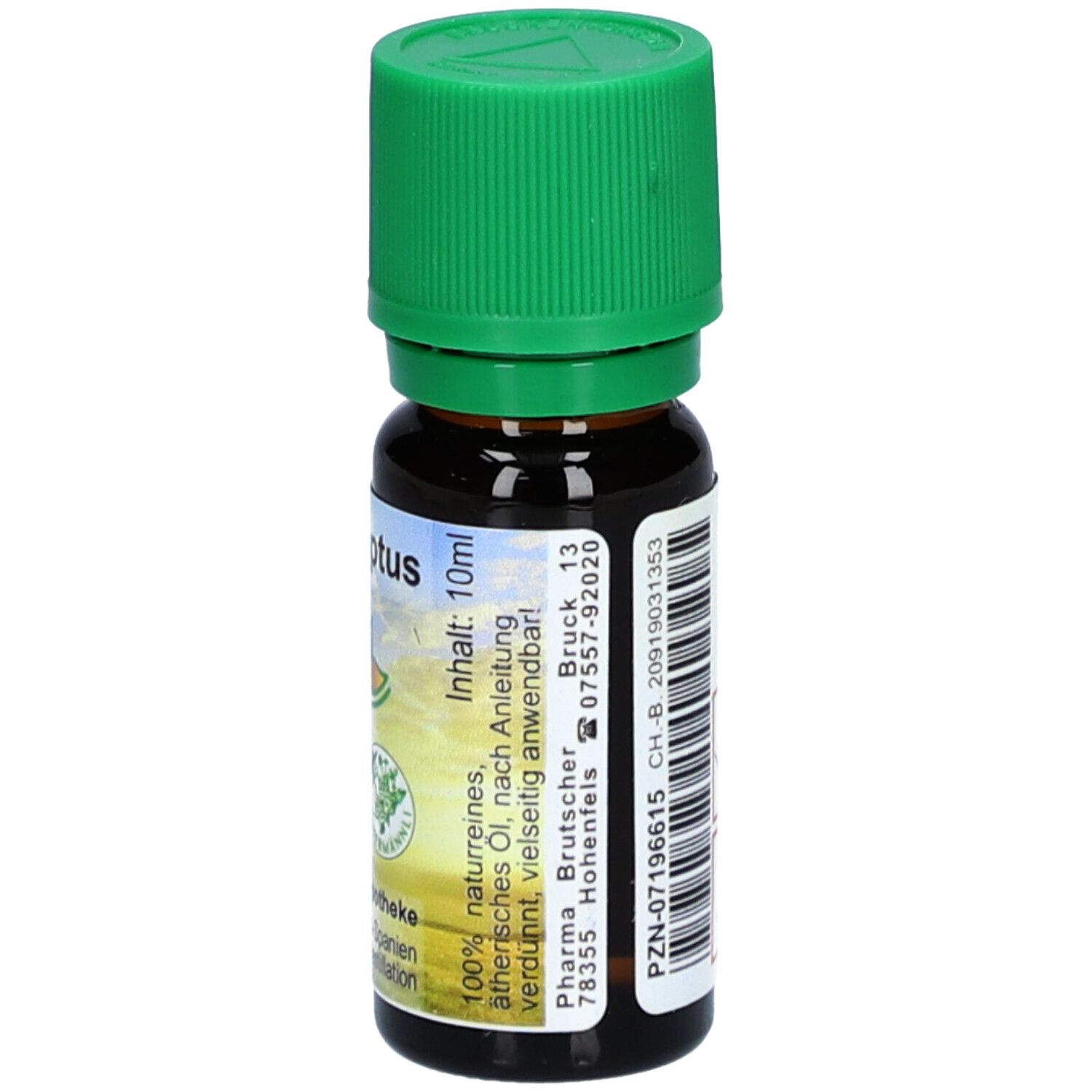 Flacon en verre brun avec bouchon vert. Inscription : Eukalyptus. Étiquette avec logo et texte. Contenu : 10 ml. Informations pharmacie.