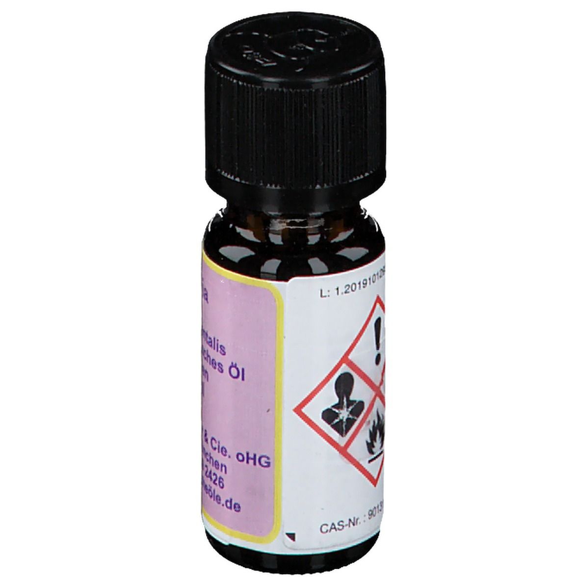 Flacon en verre brun avec bouchon noir. Étiquette avec symboles de danger et texte.