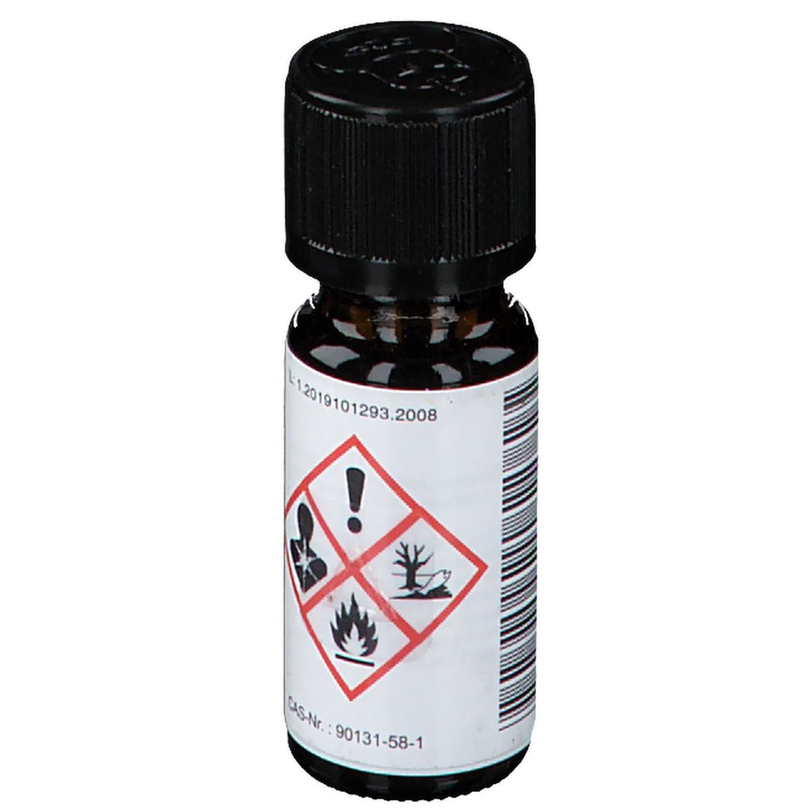 Flacon en verre brun avec bouchon noir. Étiquette avec symboles de danger et texte.