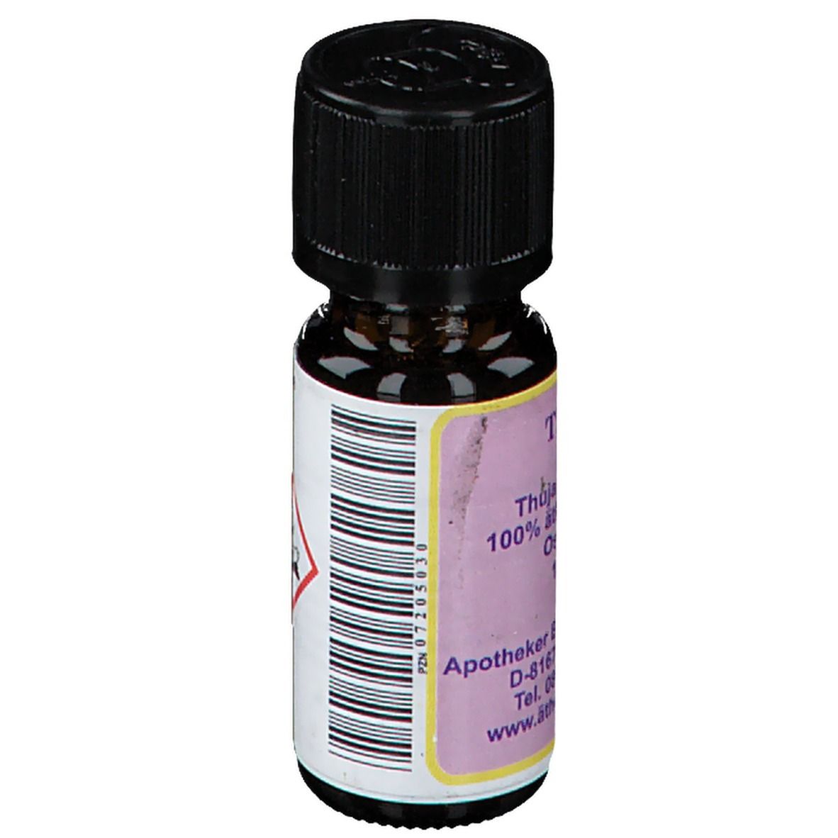 Flacon en verre brun avec bouchon noir. Étiquette avec texte et symboles de danger.