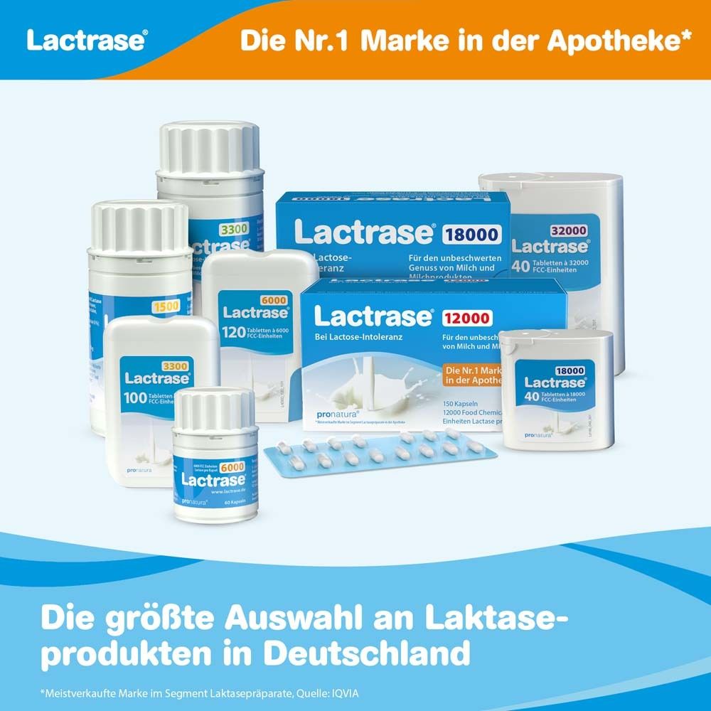 Verschiedene Lactrase-Produkte. Text: Die größte Auswahl an Laktaseprodukten in Deutschland. Lactrase-Logo.