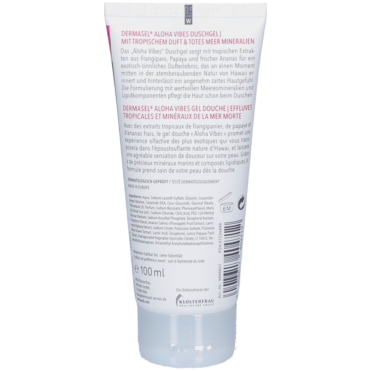 Dos d'un tube blanc. Texte en allemand et en français. Marque: DERMASEL. "Aloha Vibes Duschgel".