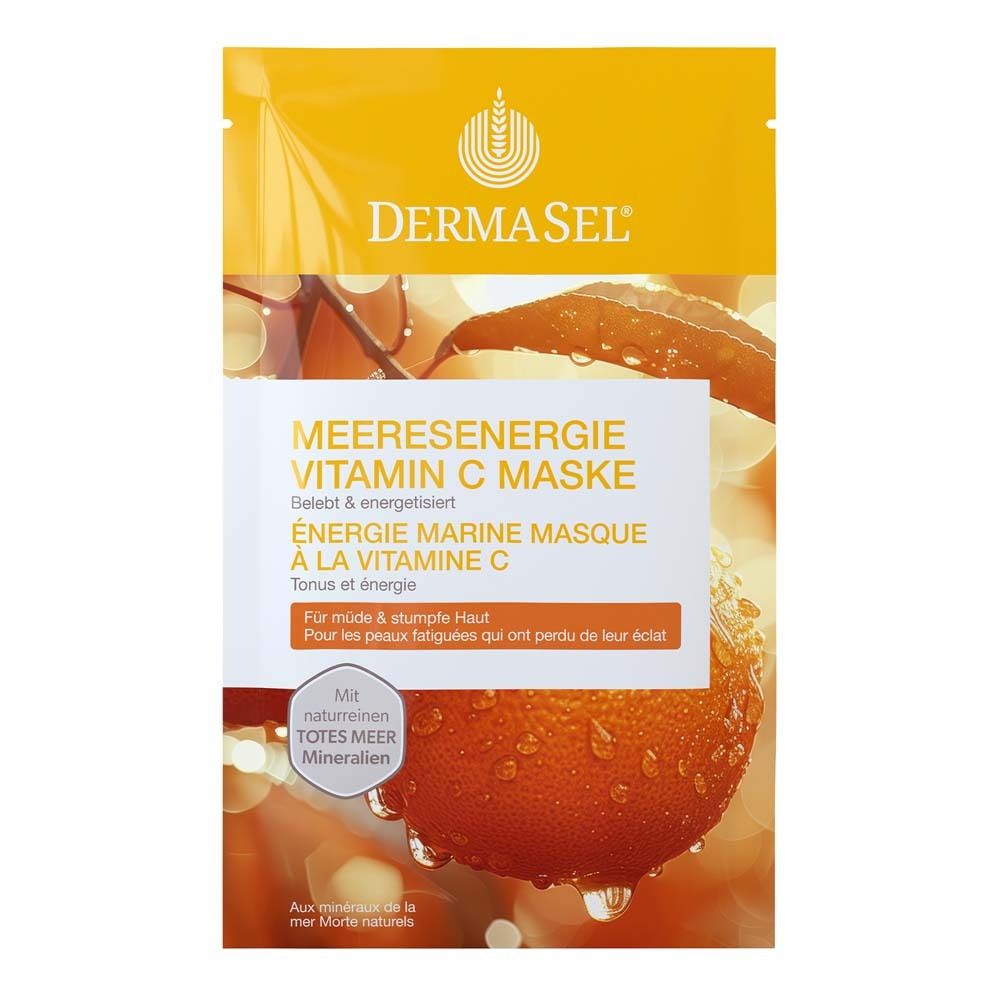 Gelbe Verpackung mit Produktinformationen. Text: DERMASEL, Meeresenergie Vitamin C Maske. Mit Totes Meer Mineralien.