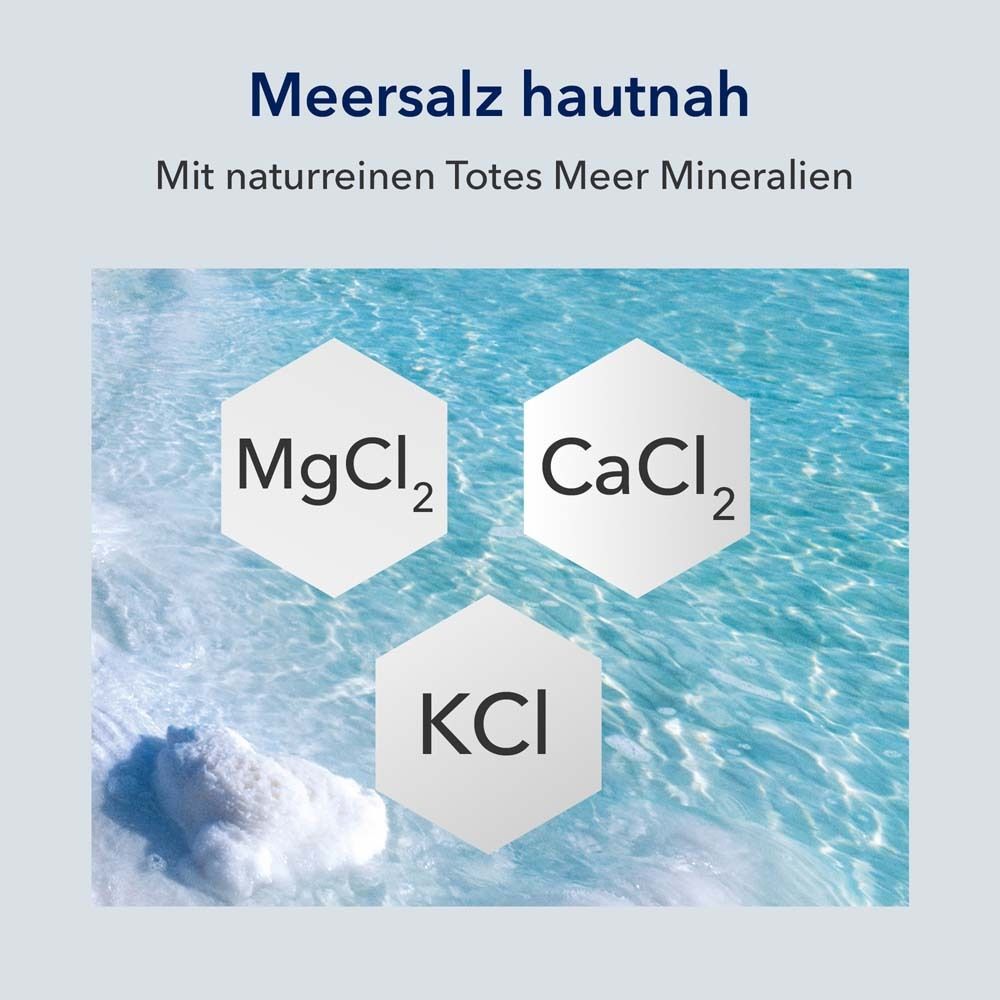 Drei Sechsecke mit Text vor Wasser. MgCl2, CaCl2, KCl. Text: Meersalz hautnah.