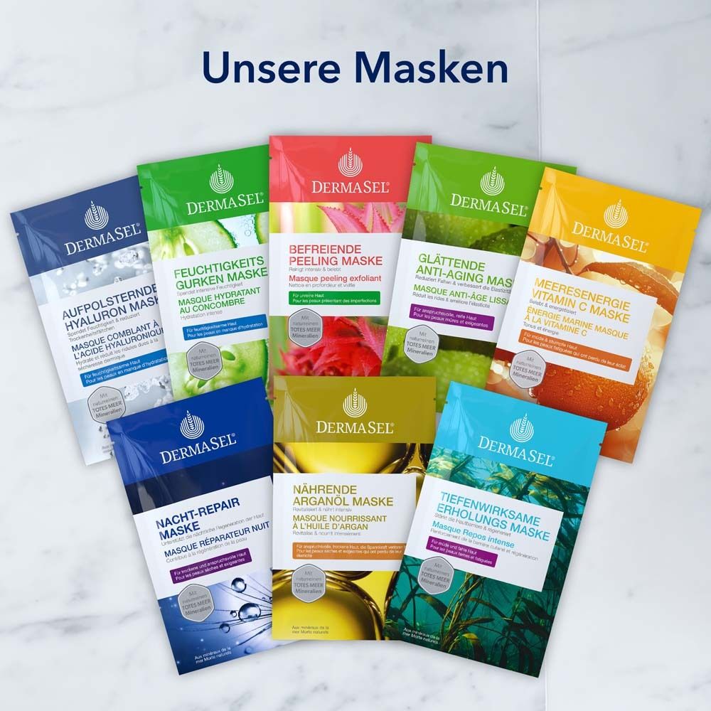 Verschiedene Maskenpackungen. Text: Unsere Masken. Verschiedene Farben und Produktnamen.