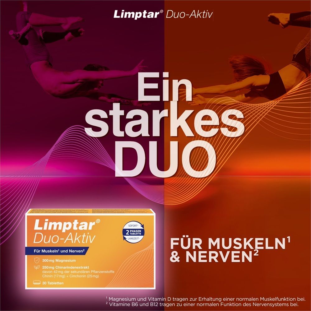 Limptar Duo-Aktiv: Ein starkes Duo für Muskeln und Nerven. Zeigt Akrobaten und die Produktverpackung.