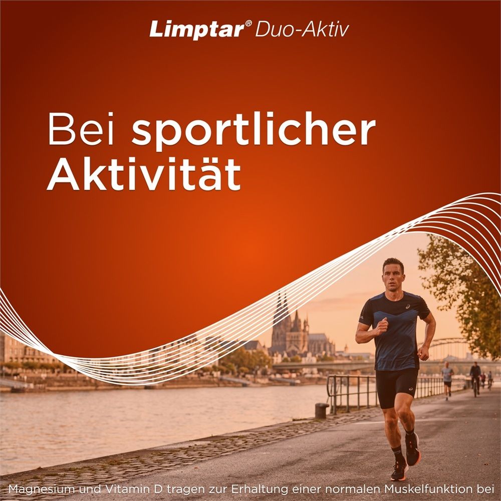 Limptar Duo-Aktiv bei sportlicher Aktivität. Läufer in einer Stadtlandschaft. Für Muskeln und Nerven.
