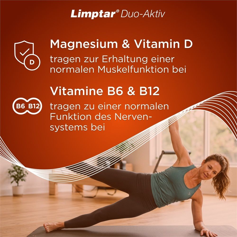 Limptar Duo-Aktiv: Magnesium & Vitamin D für normale Muskelfunktion, Vitamine B6 & B12 für Nerven.