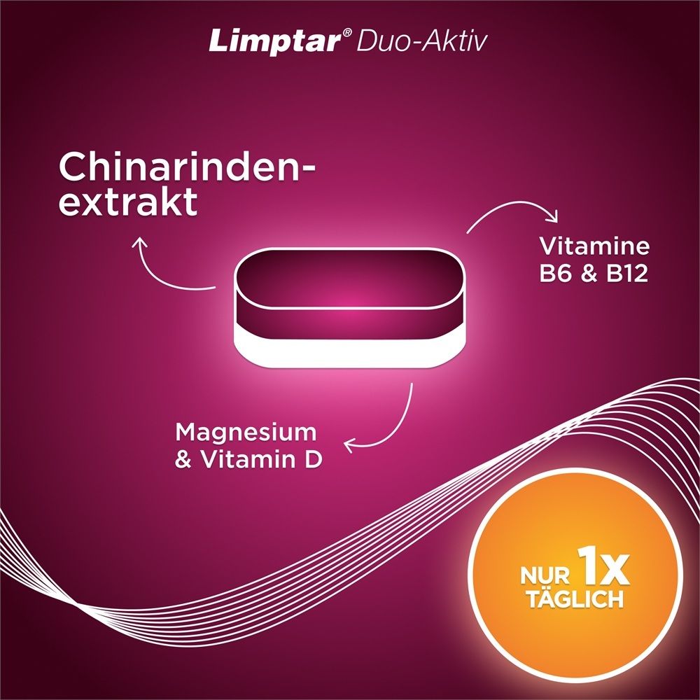 Inhaltsstoffe von Limptar Duo-Aktiv: Chinarindenextrakt, Magnesium, Vitamin D, Vitamine B6 & B12.