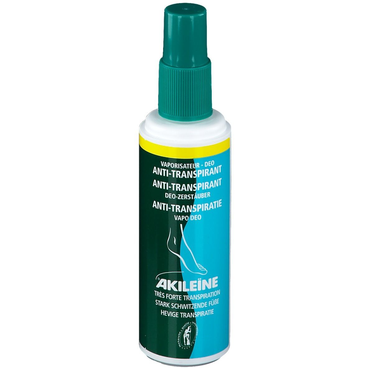 Flacon de spray déodorant. Vert et blanc. Inscription : AKILEINE, Anti-transpirant. Illustration de pied.