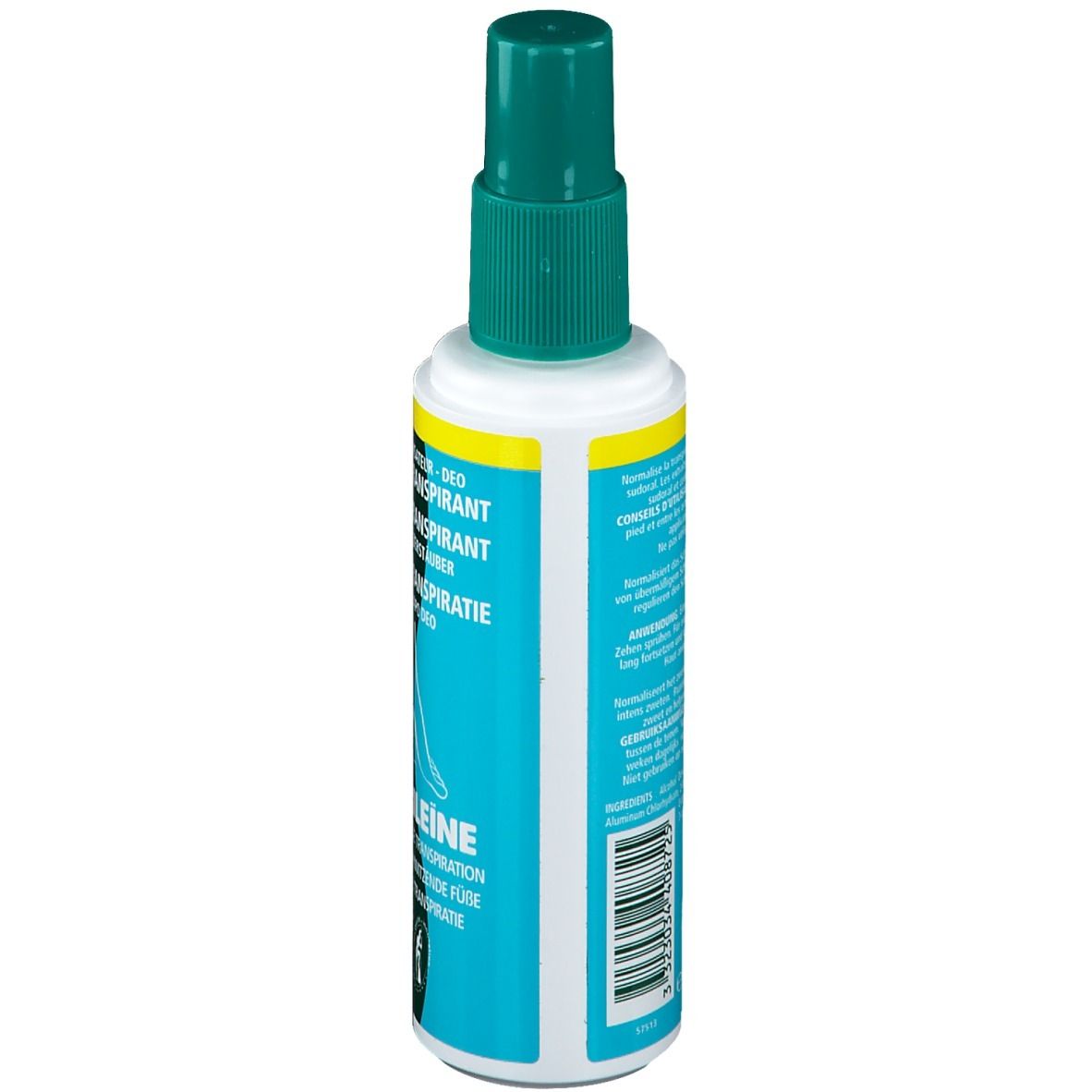 Flacon de spray déodorant. Dos. Texte en allemand, français, néerlandais. Code-barres.