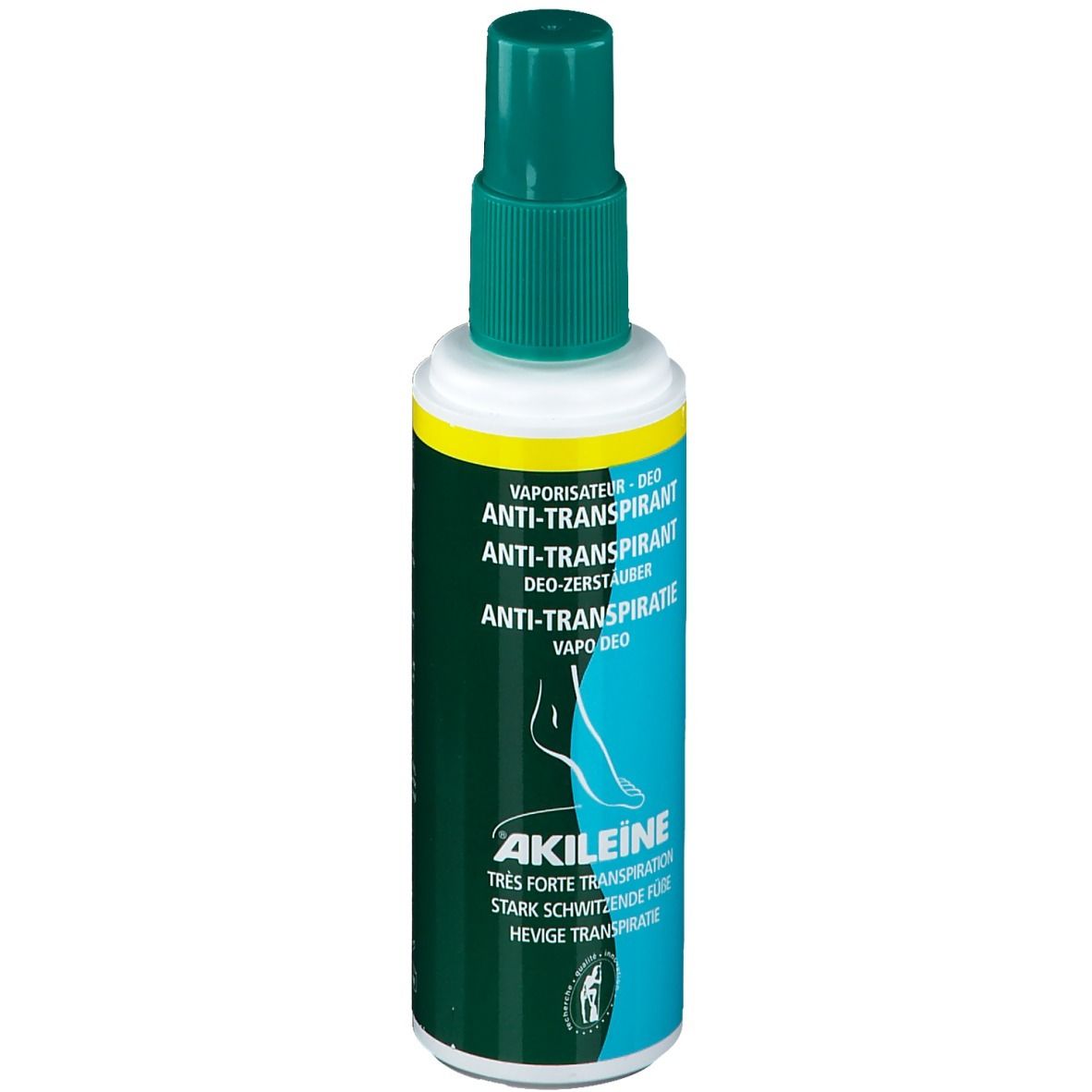 Flacon de spray déodorant. Vert et blanc. Inscription : AKILEINE, Anti-transpirant. Illustration de pied.