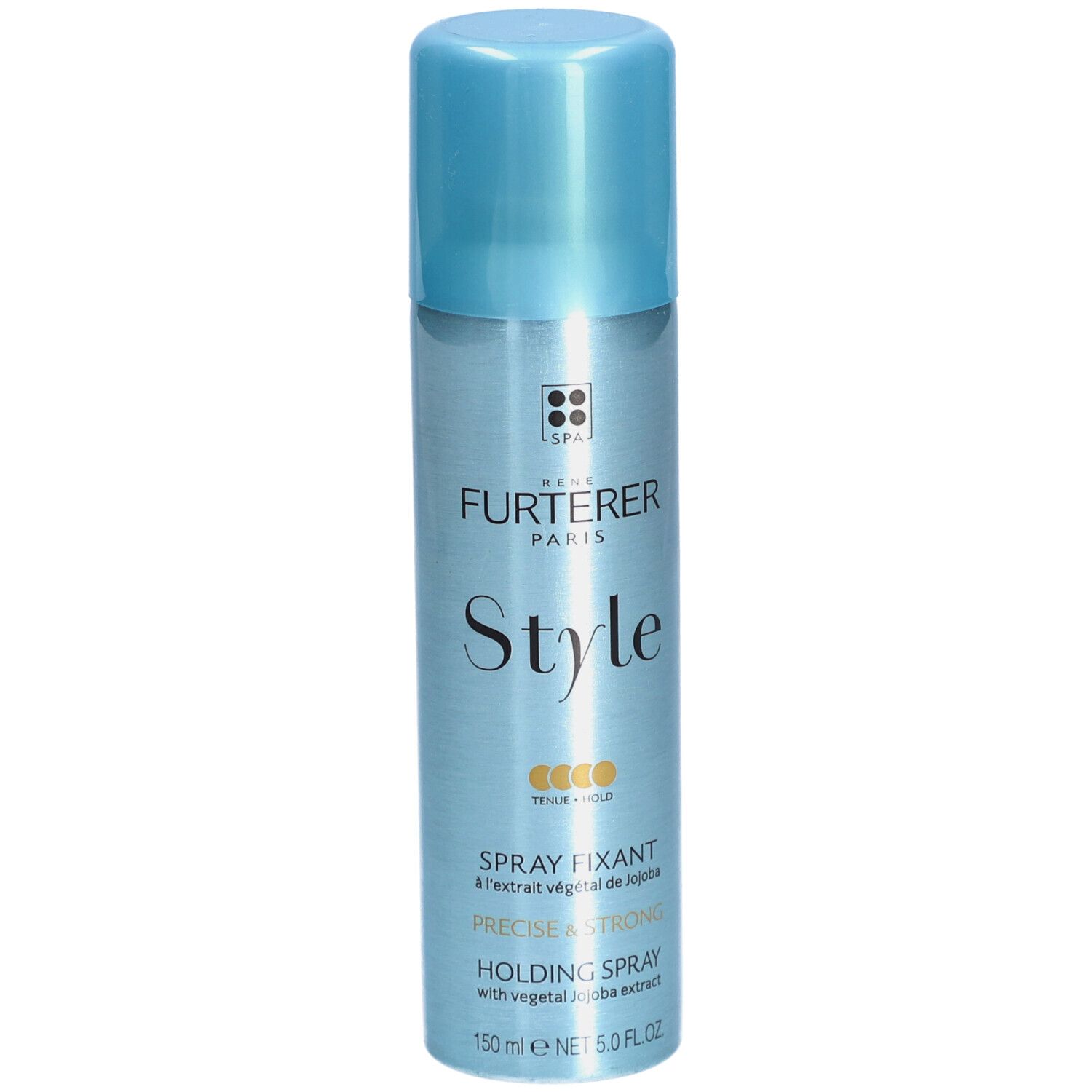 Flacon de laque avec bouchon bleu. Inscription : RENE FURTERER PARIS Style Spray Fixant. Précis & Fort.