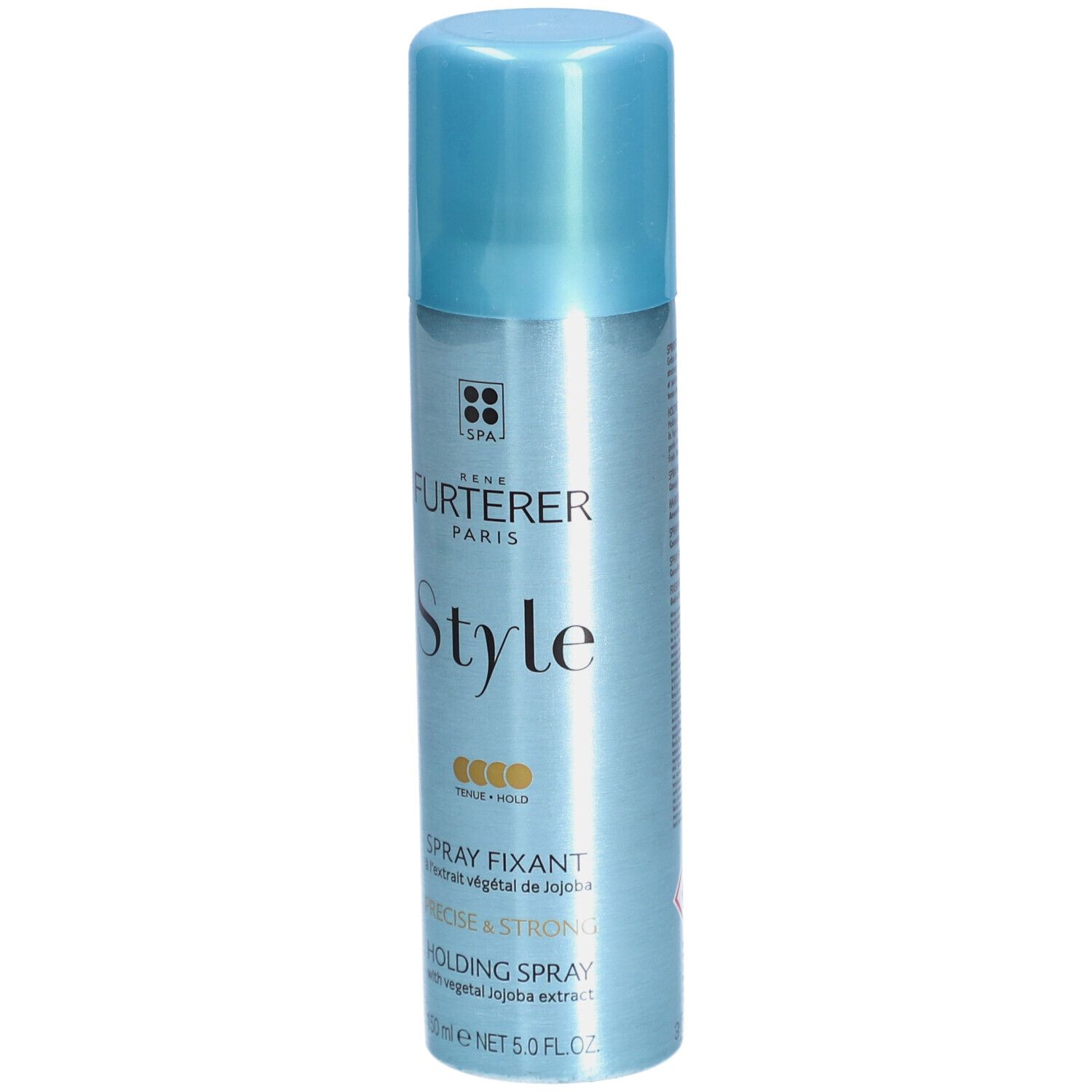 Flacon de laque avec bouchon bleu. Inscription : RENE FURTERER PARIS Style Spray Fixant. Précis & Fort.