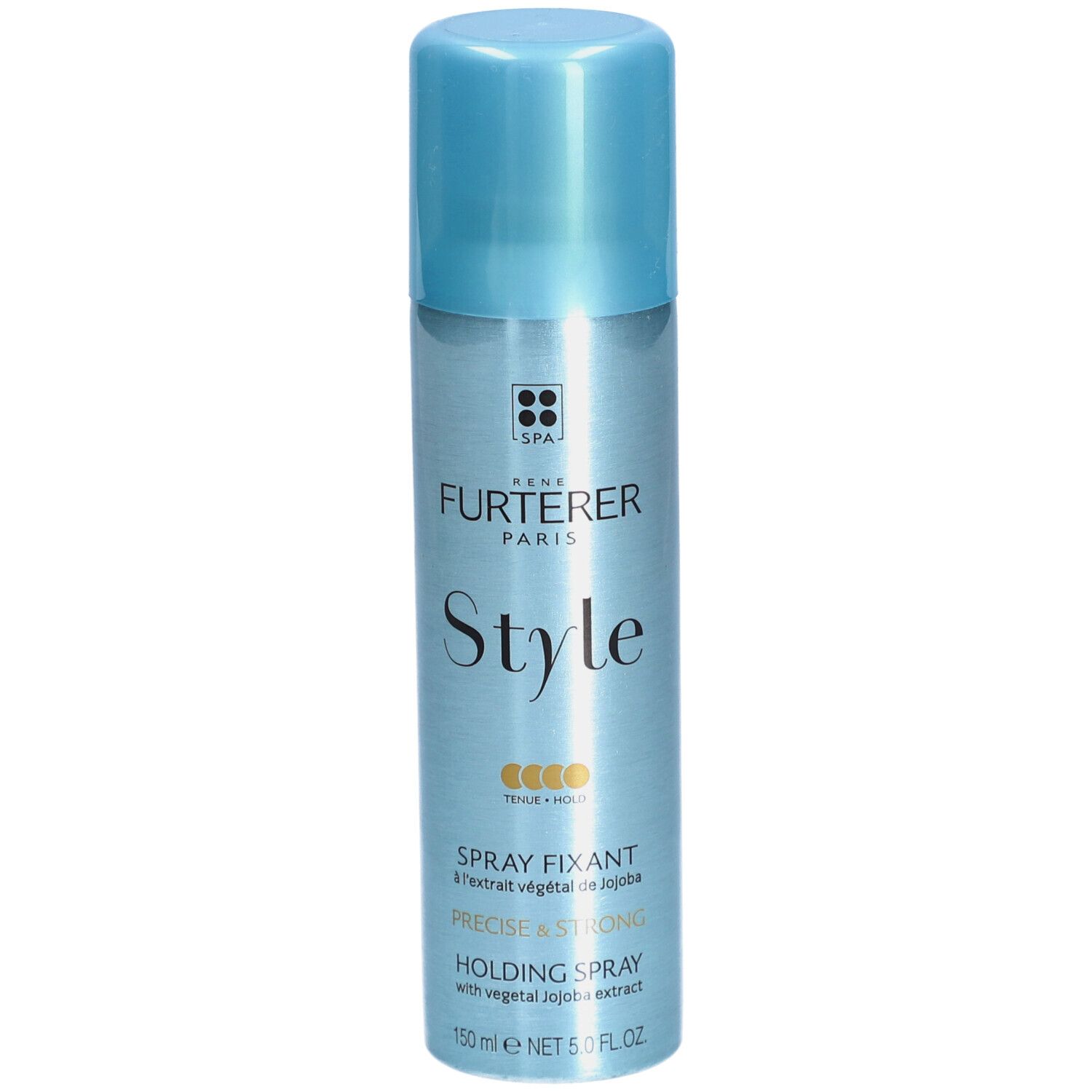 Flacon de laque avec bouchon bleu. Inscription : RENE FURTERER PARIS Style Spray Fixant. Précis & Fort.