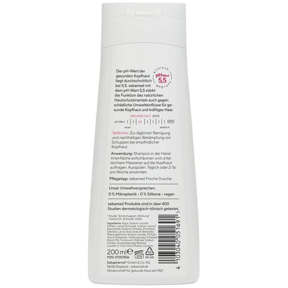 Rückseite der weißen Flasche. Text: pH-Wert 5.5, tägliche Reinigung, Anwendung, Inhaltsstoffe, 200ml. Herstellerinformationen und Barcode.