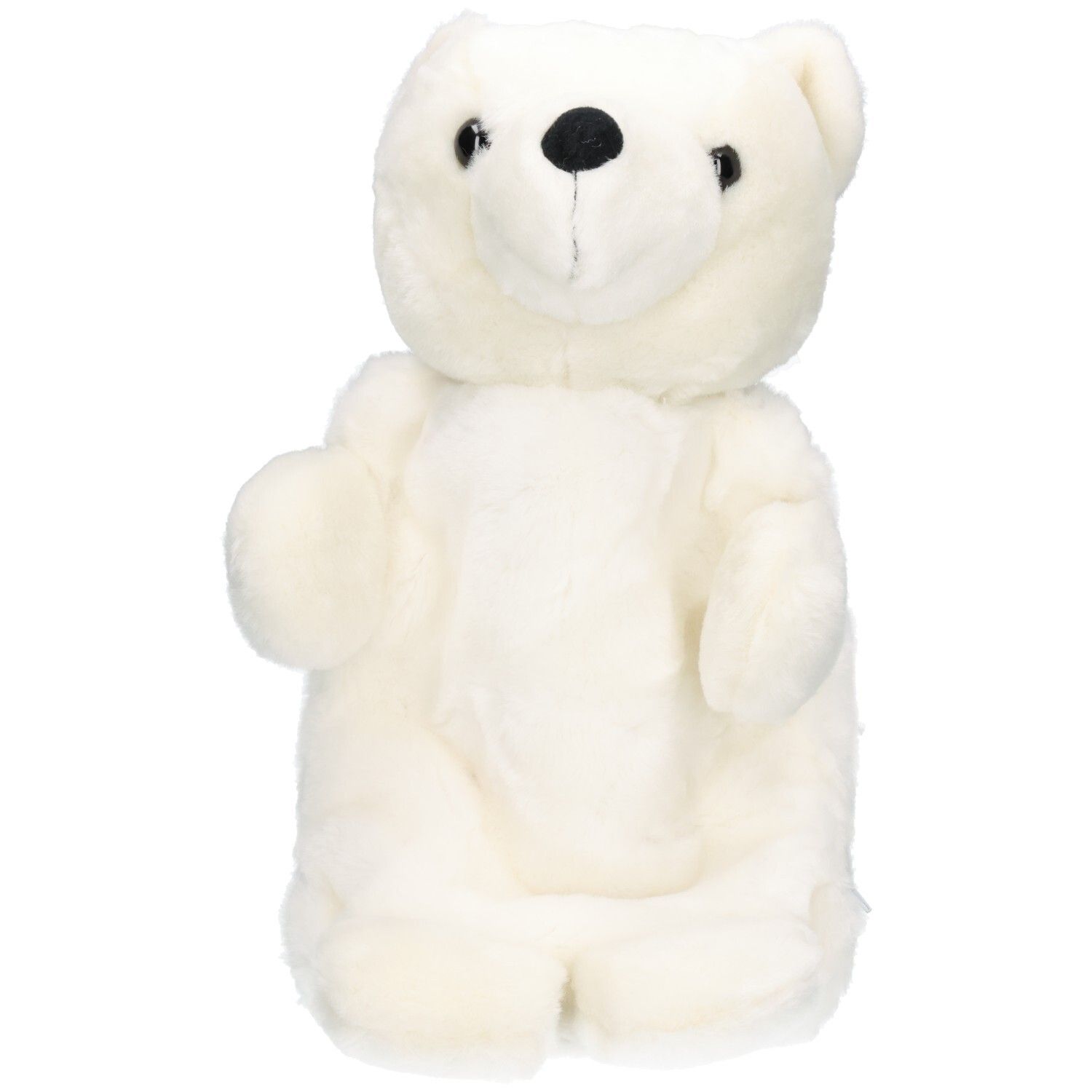 Housse d'ours polaire blanche en peluche. Yeux et nez noirs. Ours avec bras et jambes.