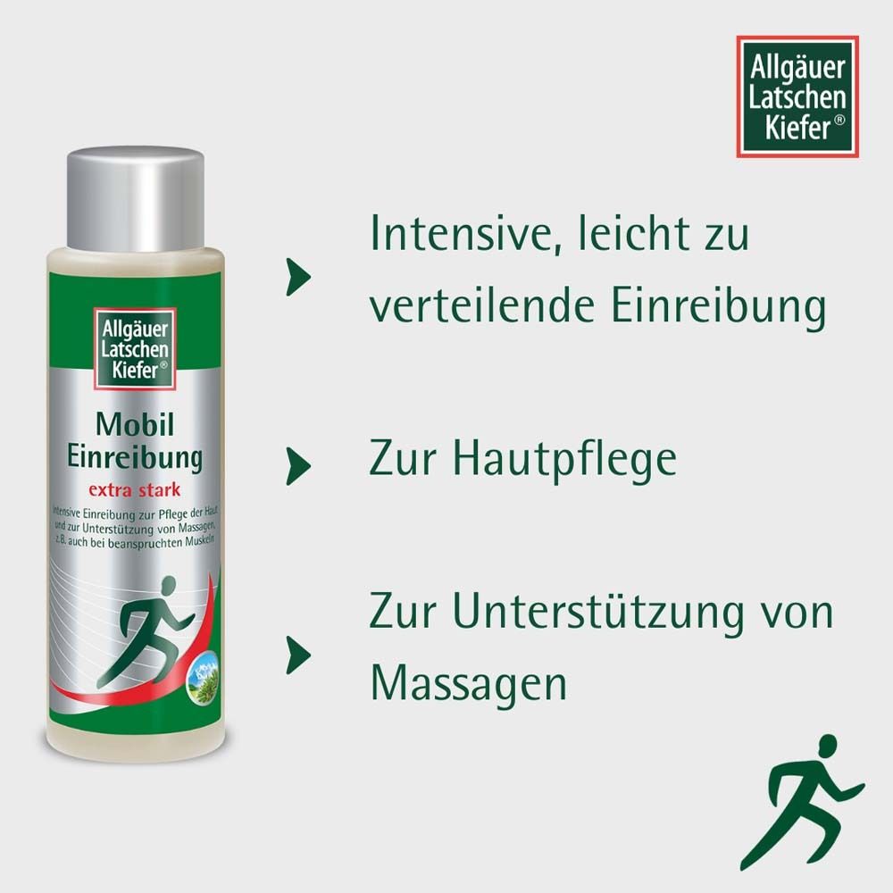 Produktflasche mit Anwendungs-Hinweisen. Intensive, leicht zu verteilende Einreibung. Zur Hautpflege. Zur Unterstützung von Massagen.
