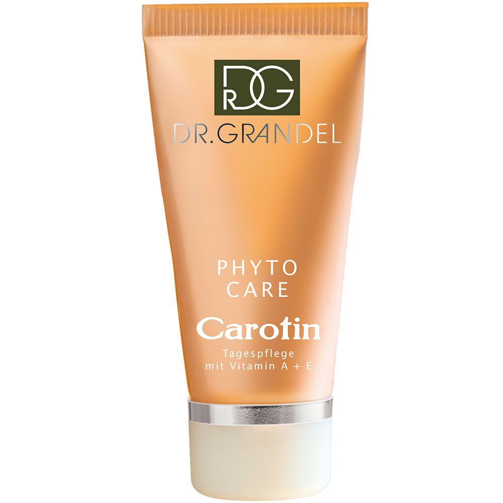 Orange Tube mit "DR. GRANDEL" Logo und "Carotin" Schriftzug. Tagespflege mit Vitamin A + E.
