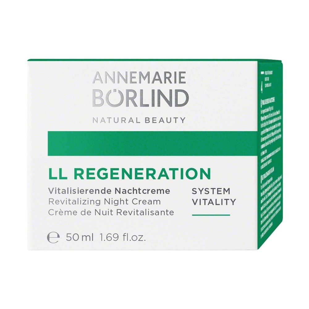 Boîte avec inscription: ANNEMARIE BÖRLIND, LL REGENERATION, Crème de Nuit Revitalisante. Design vert et blanc.