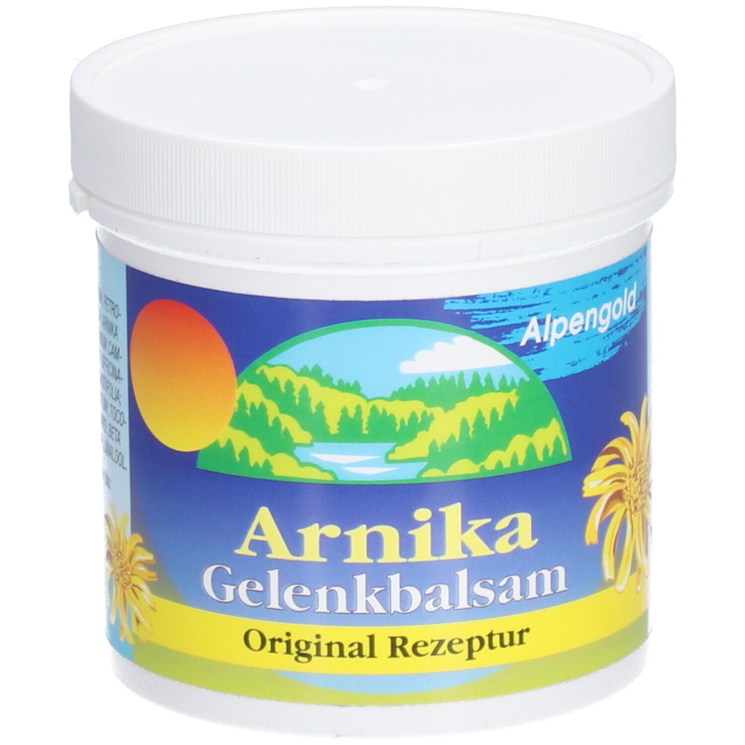 Weißer Tiegel mit blau-gelbem Etikett. Aufschrift: Arnika Gelenkbalsam, Original Rezeptur. Logo: Berglandschaft mit Sonne.