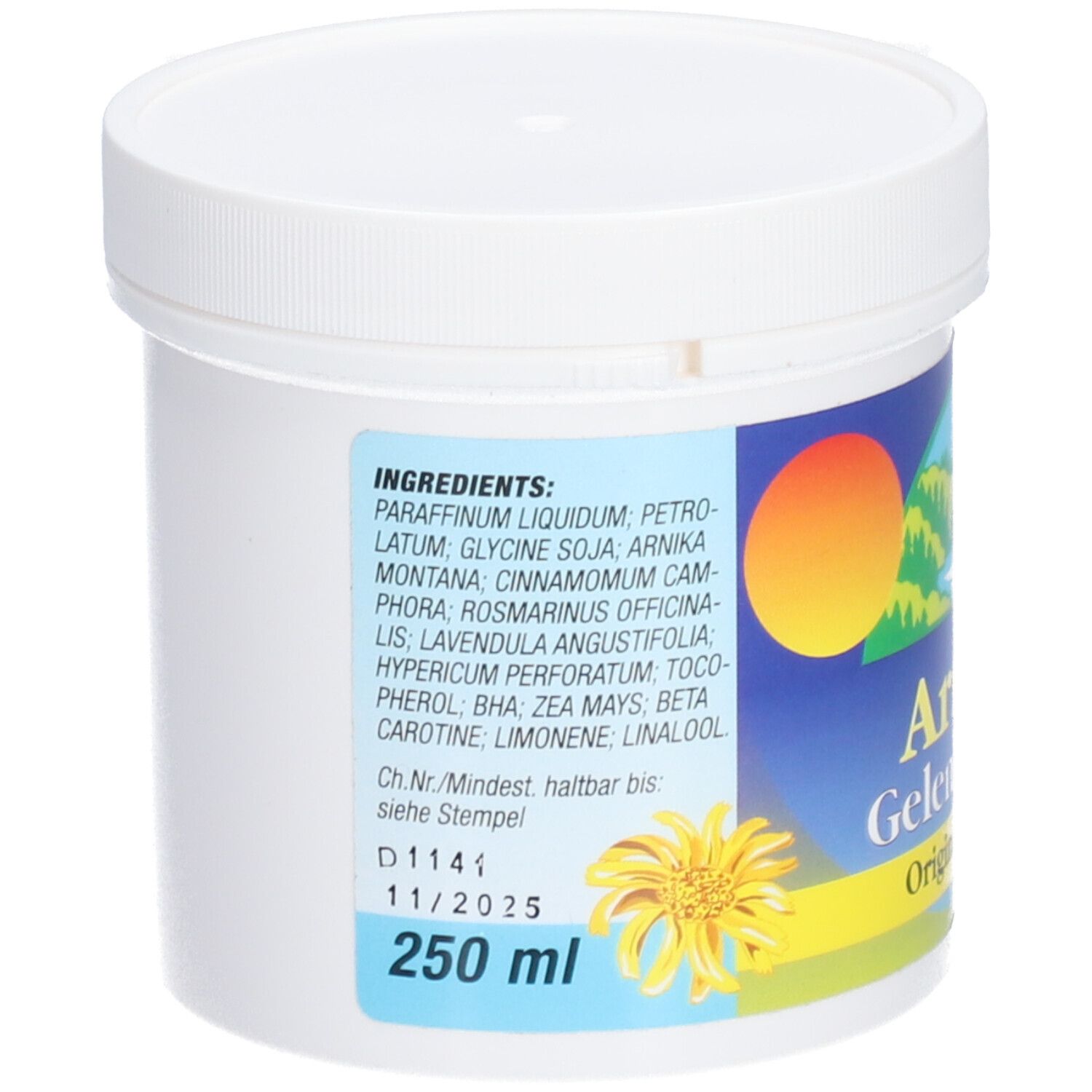 Weißer Tiegel. Aufkleber mit Inhaltsstoffen und Mindesthaltbarkeitsdatum: 11/2025. Volumen: 250 ml.