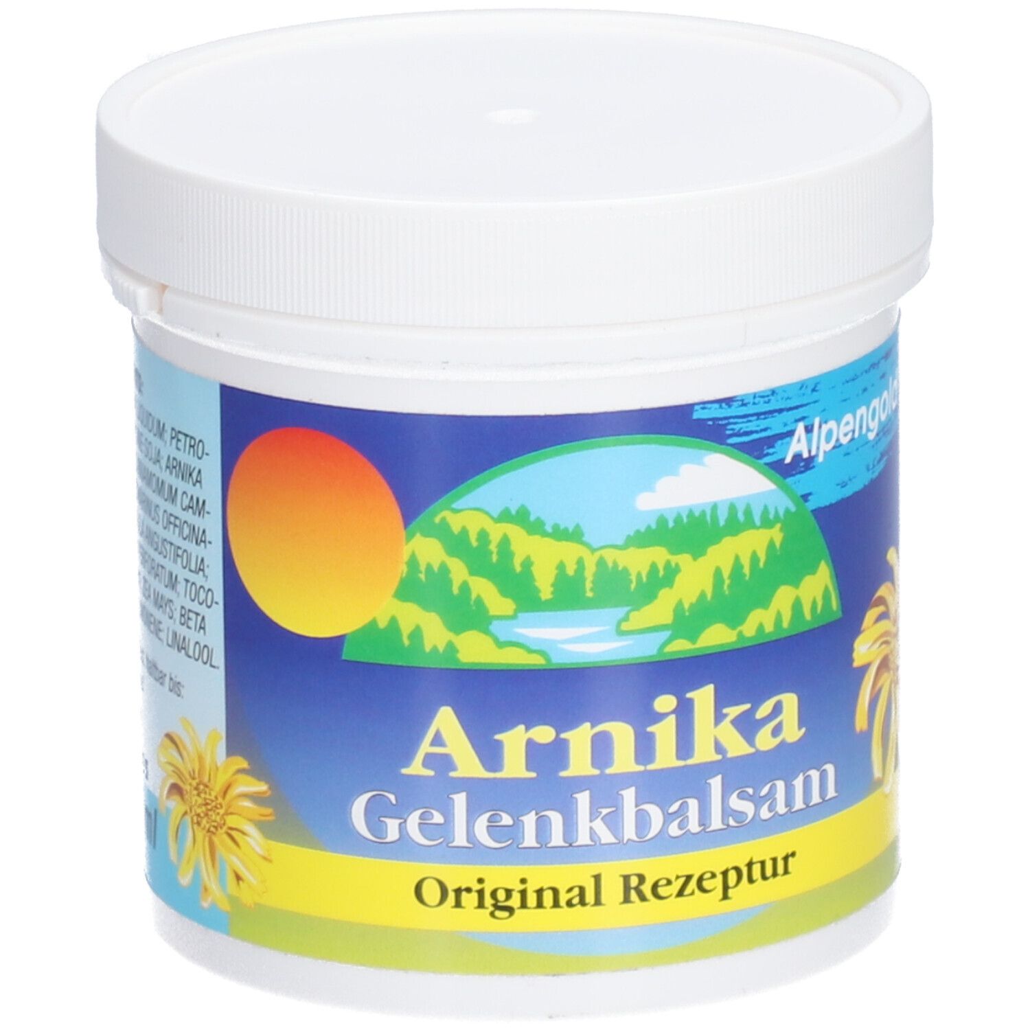 Weißer Tiegel mit blau-gelbem Etikett. Aufschrift: Arnika Gelenkbalsam, Original Rezeptur. Logo: Berglandschaft mit Sonne.