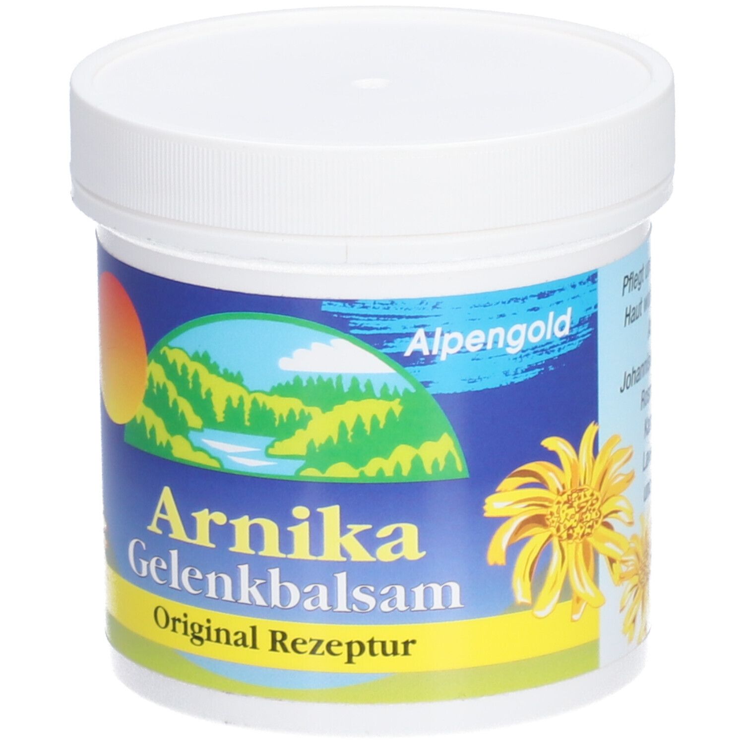 Weißer Tiegel mit blau-gelbem Etikett. Aufschrift: Arnika Gelenkbalsam, Original Rezeptur. Logo: Berglandschaft.