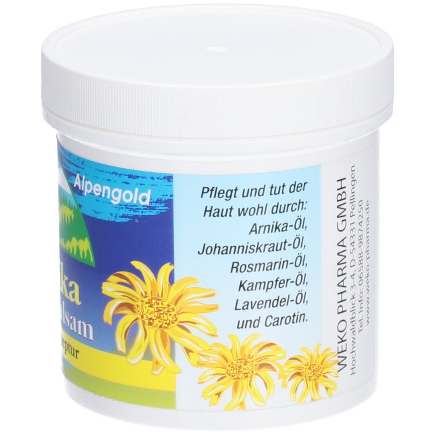 Weißer Tiegel mit blau-gelbem Etikett. Aufschrift: Alpengold, Arnika Gelenkbalsam, Original Rezeptur. Logo: Berglandschaft. Text: Pflegt die Haut.