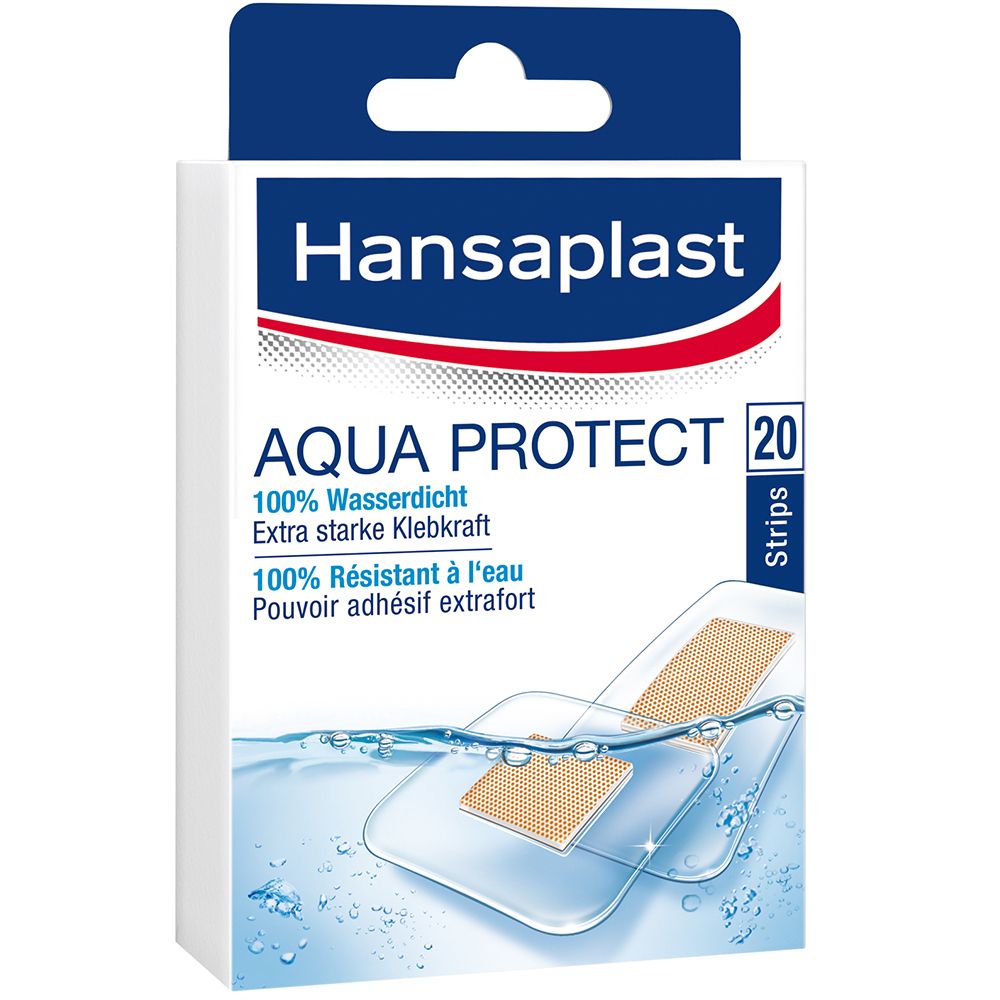 Verpackung von Hansaplast Aqua Protect Strips. 20 Pflaster. Wasserdicht und extra starker Klebkraft.