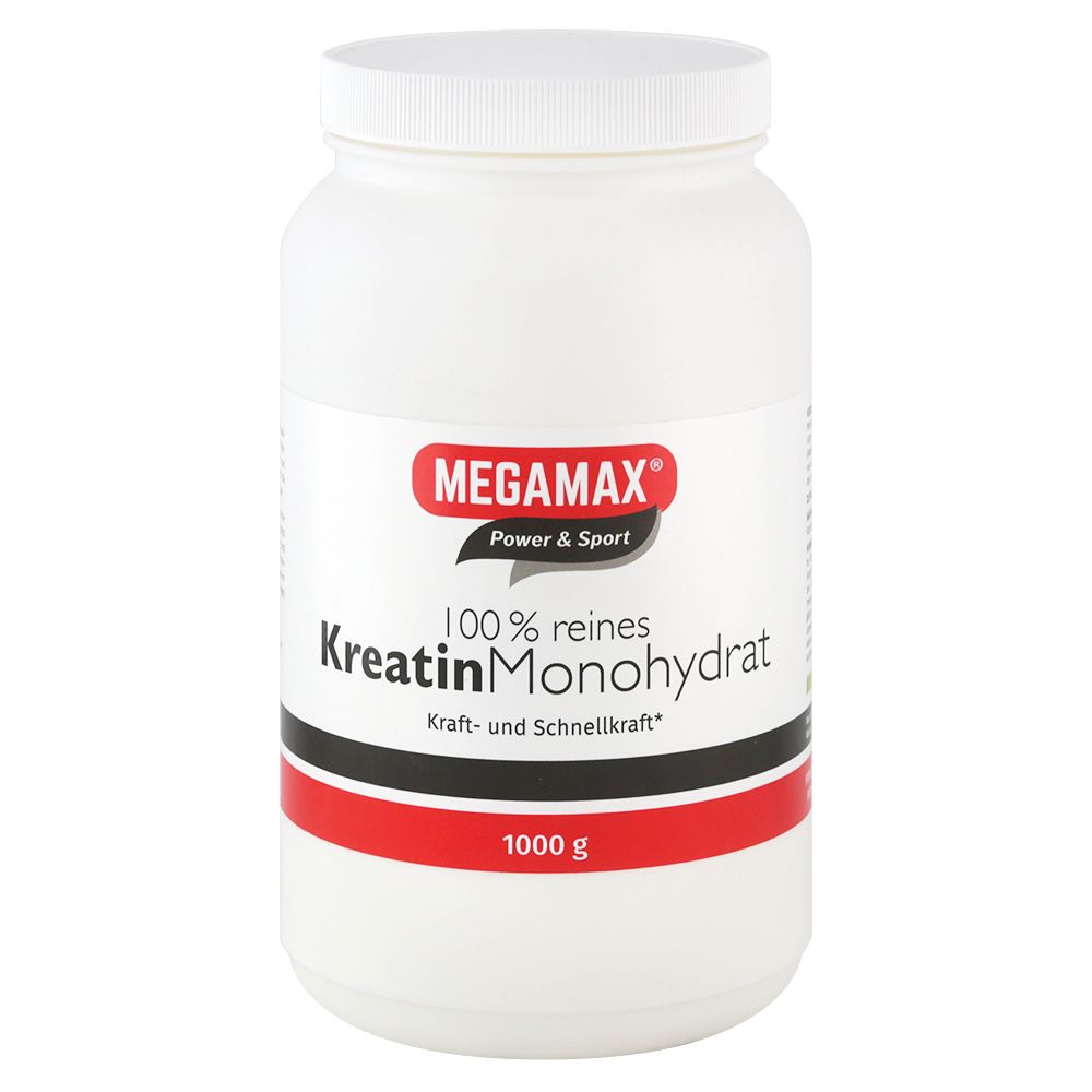 Pot blanc de supplément avec lettrage rouge et noir. Inscription: MEGAMAX, CréatineMonohydrate, 1000 g.