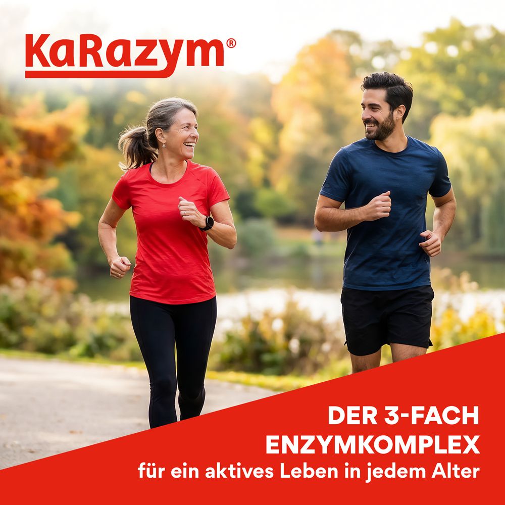 Zwei Personen joggen. Roter Banner mit KaRazym-Logo und Text: DER 3-FACH ENZYMKOMPLEX für ein aktives Leben.