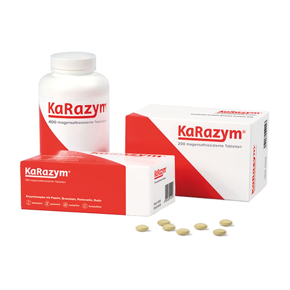 KaRazym-Flasche und zwei Schachteln. 400 und 200 magensaftresistente Tabletten. Tabletten daneben.