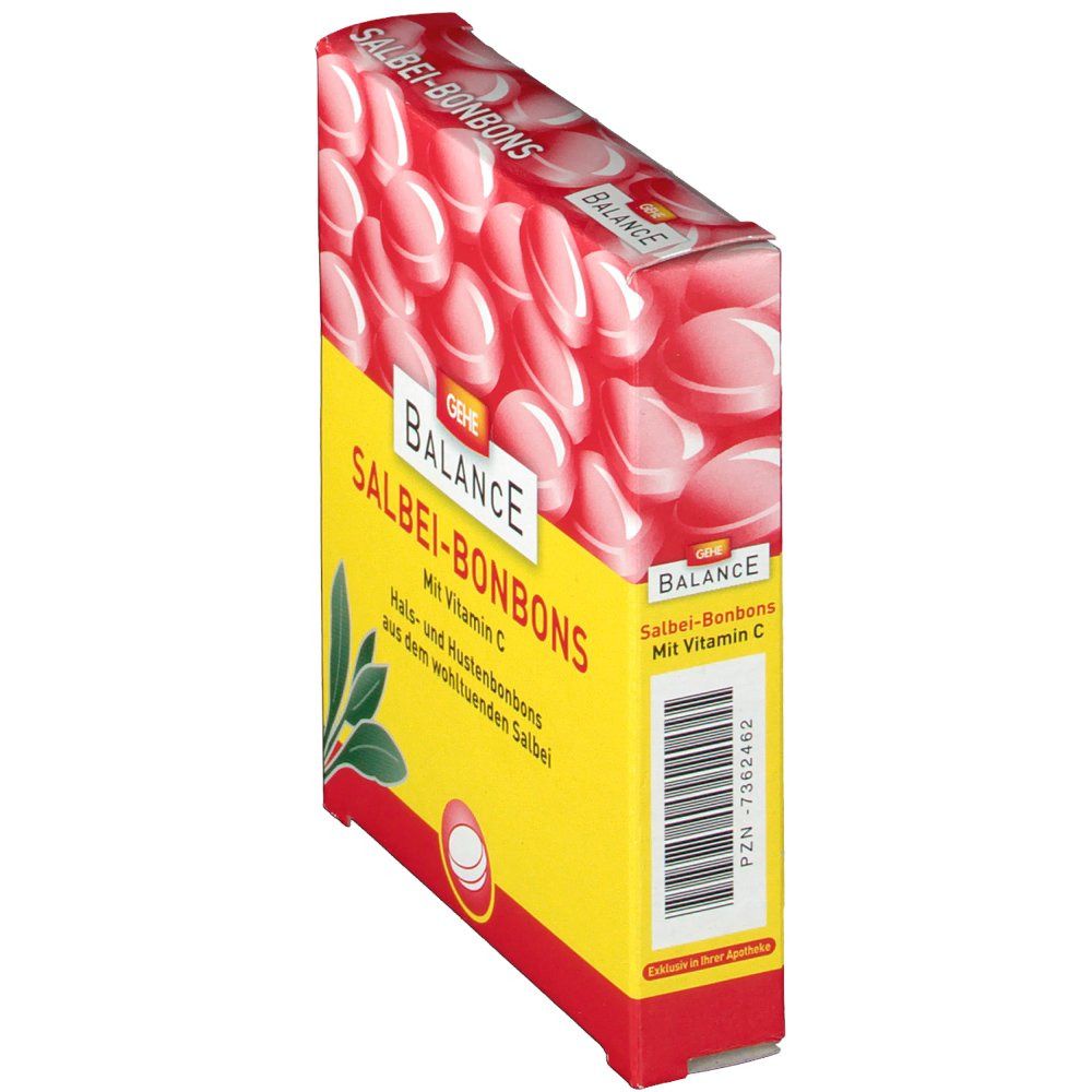 Boîte de bonbons à la sauge. Couleurs jaune et rouge. Inscription : GEHE BALANCE Salbei-Bonbons mit Vitamin C. Code-barres.
