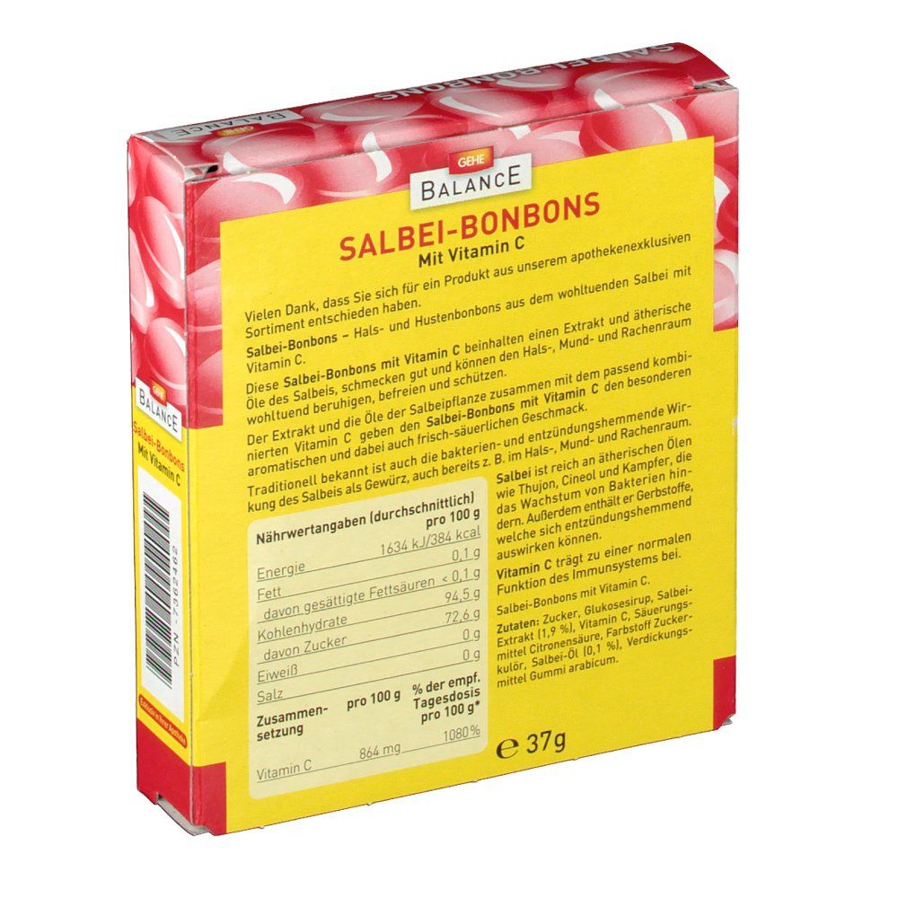 Dos de l'emballage des bonbons à la sauge. Fond jaune avec texte et informations nutritionnelles. Graphique de bonbons rouges et blancs.