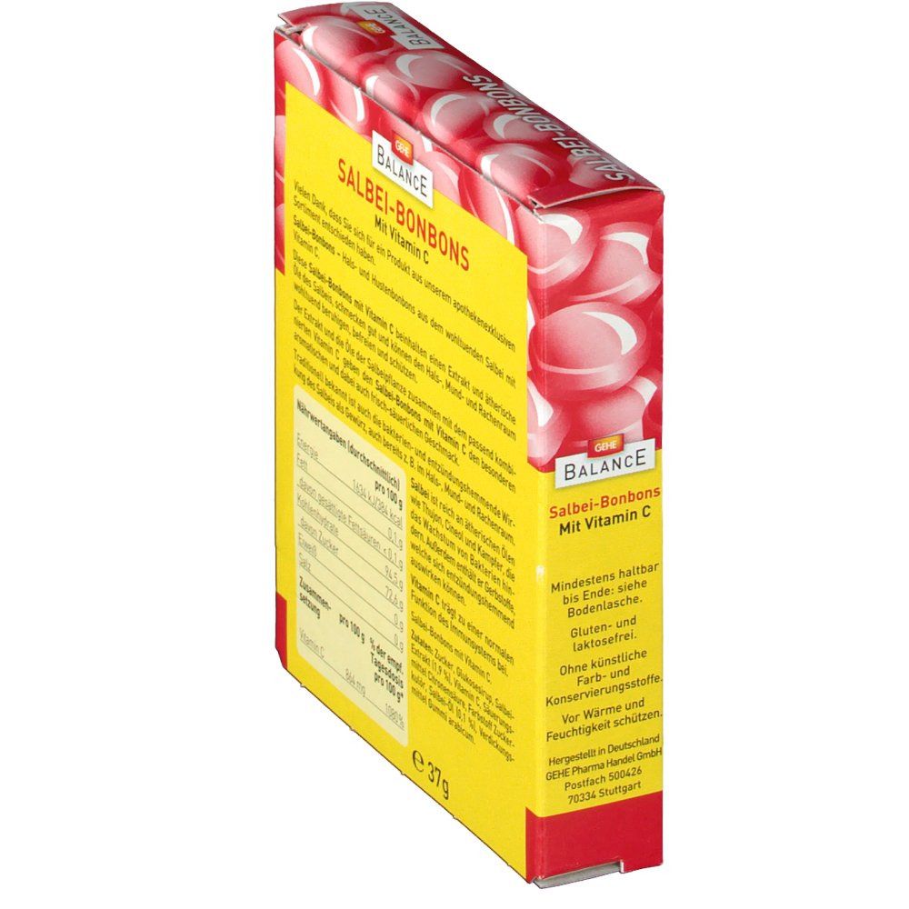 Emballage de bonbons à la sauge. Fond jaune avec texte et informations nutritionnelles. Graphique de bonbons rouges et blancs. 37g.