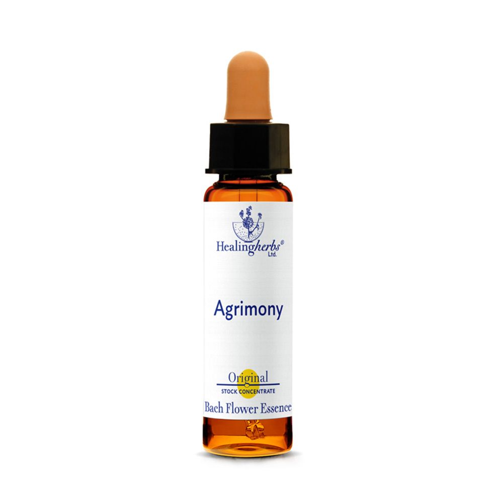 Braunes Glasfläschchen mit Pipettenverschluss, Etikett mit 'Agrimony Original Bach Flower Essence'.